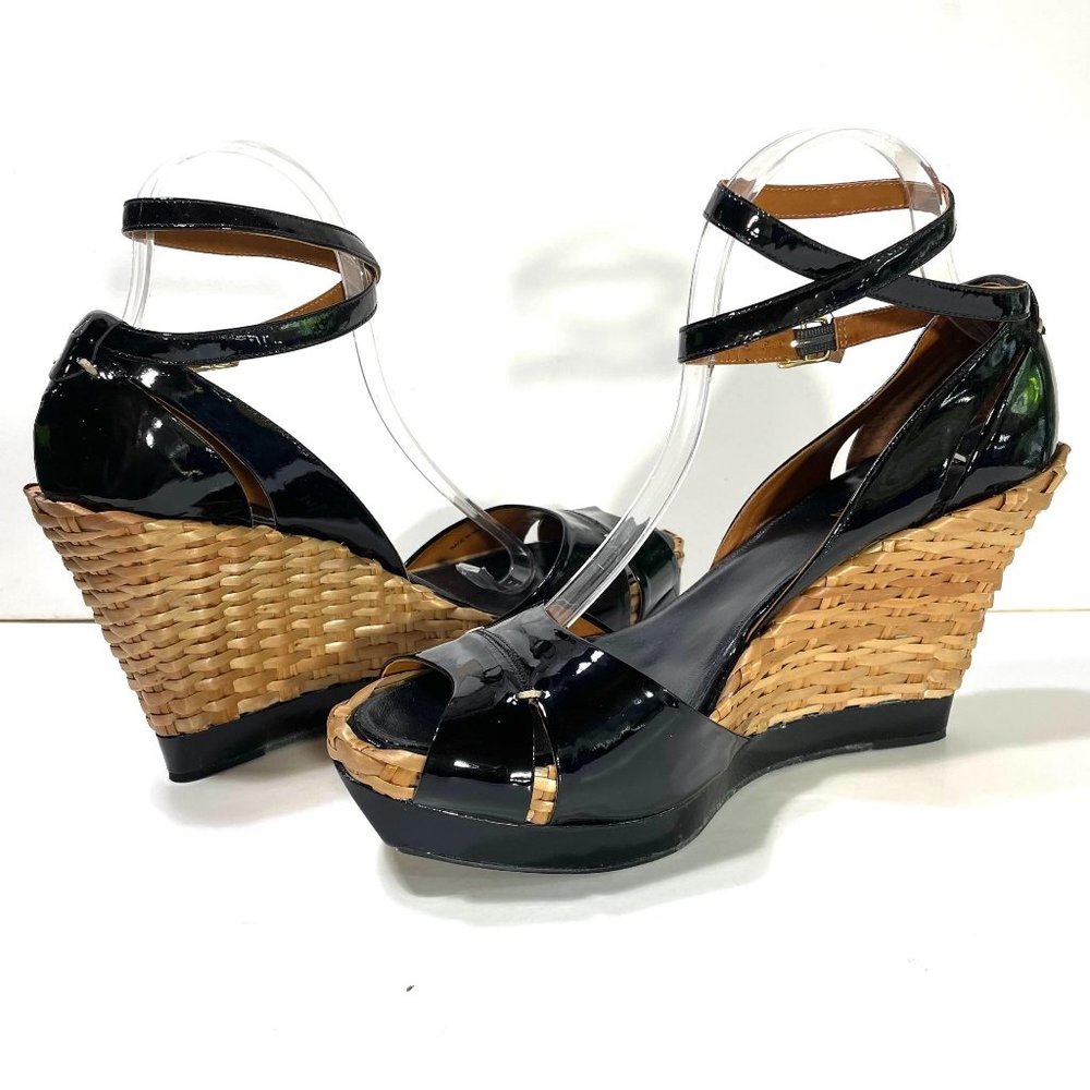 MaxAzria Ma-Dades wedge black patent bamboo sandal